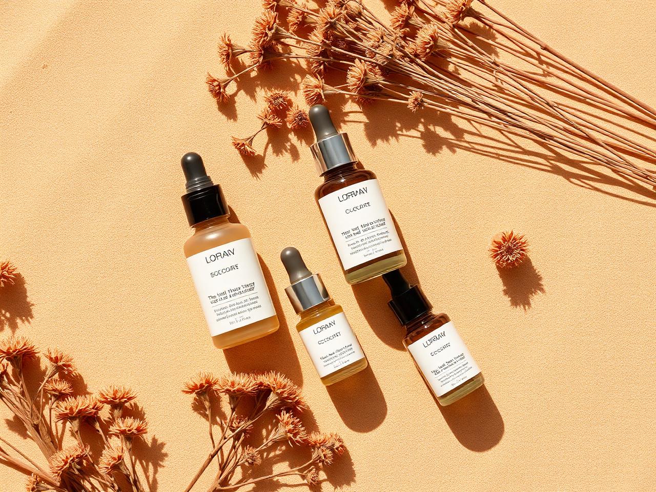 Skincare serums and dried desert botanicals in a flat lay