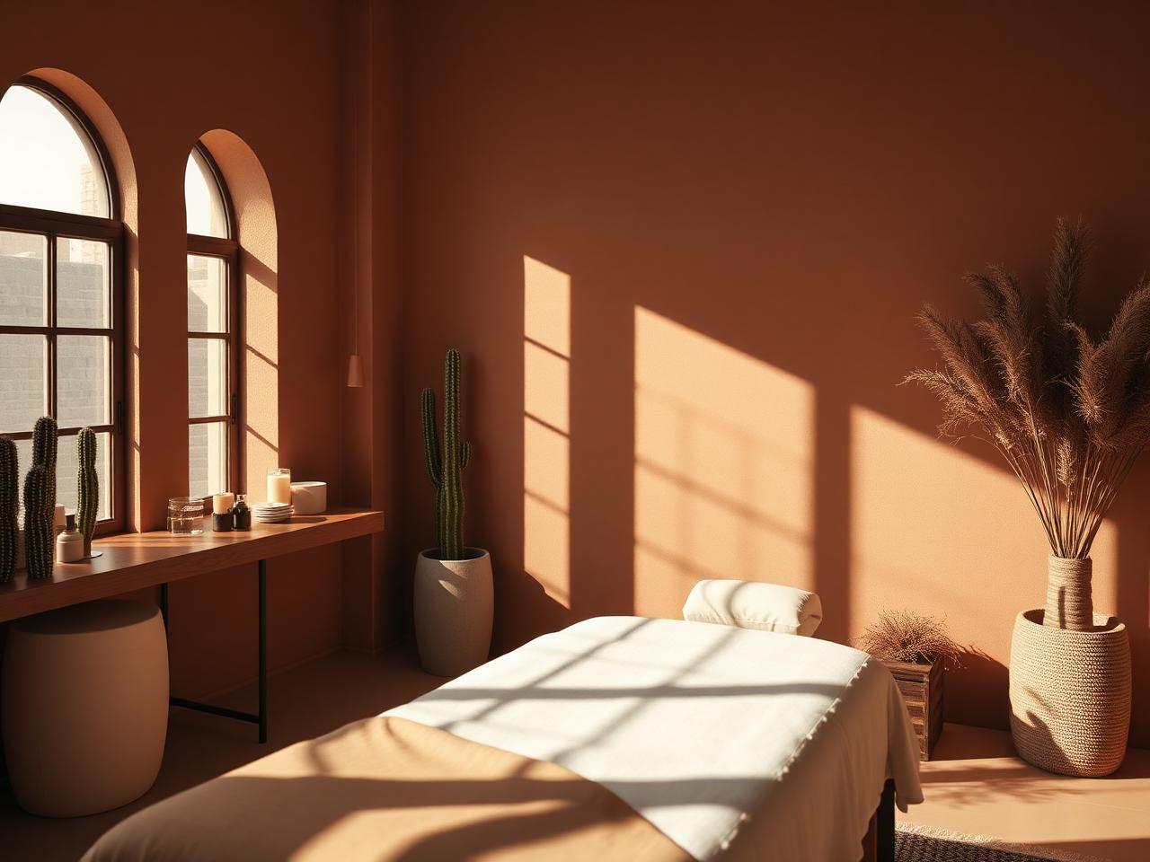 Warm terracotta treatment room at A&A Studio with linen-draped facial bed